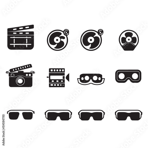 Collection of film and vision technology icons silhouette