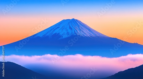 Majestic mountain peak, capped with snow, rises above a colorful sunrise and clouds