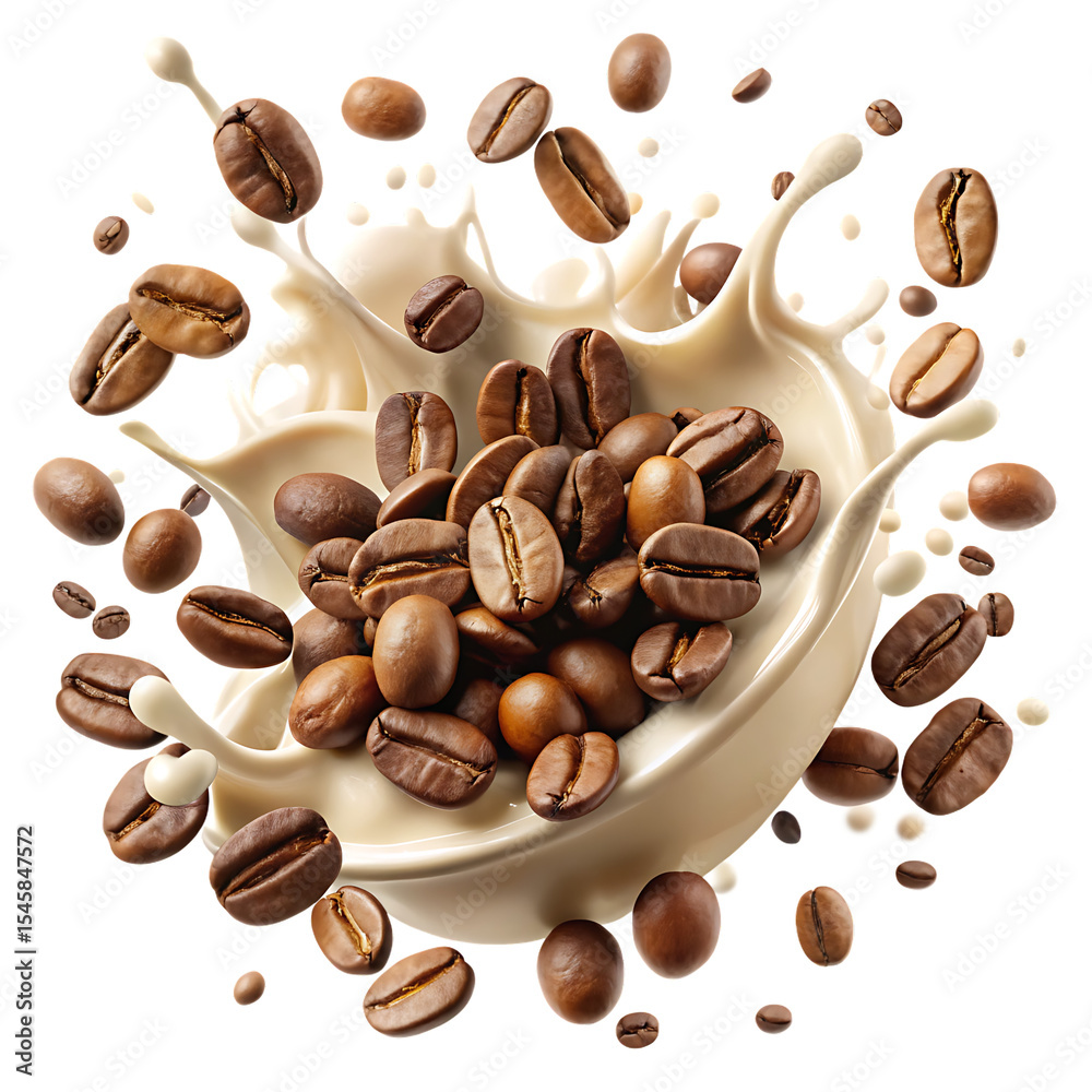 Obraz premium Creamy Beige Milk Splash Surrounding Brown Coffee Beans Studio Shot A I G E N E R A T E D P N G isolated on a transparent background