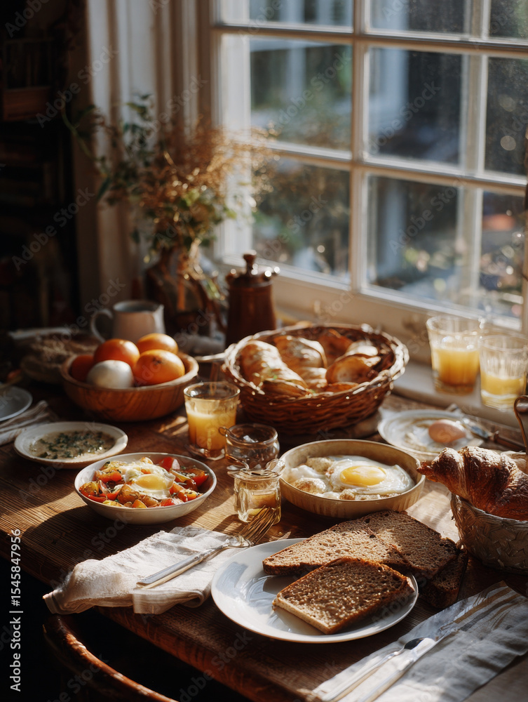 Breakfast table is delightful with spread of food near window light Breakfast table is delightful with spread of food near window light