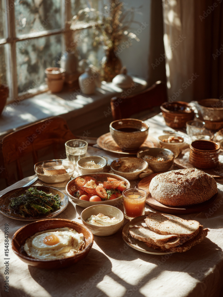 Fototapeta premium Breakfast table food makes me so happy and full of energy on morning