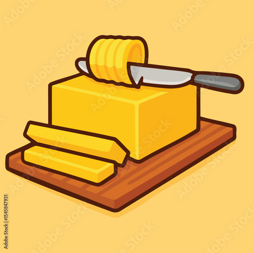 Vector illustration of a block of butter on a wooden board with slices and a knife. Great for food content, cooking visuals, and dairy designs.

