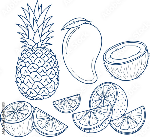 Minimalist tropical fruit icon set – pineapple, mango, coconut, and citrus slices – hand-drawn in single blue stroke.