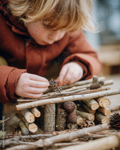 Child building bug hotel with sticks Proud of creativity and learning