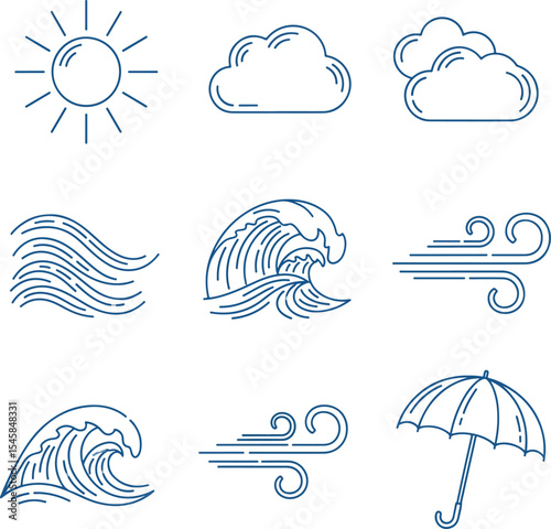 Line art summer weather icons – sun, cloud, waves, wind, umbrella – thin sketch line in calming blue tone, perfect for vector packs