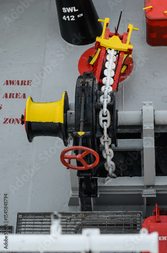 Obraz na plátně The top view on the ship anchoring and mooring equipment, including windlass, an