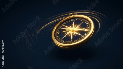 Golden Compass Spinning with Light Trails on Dark Blue Background, Navigation Concept