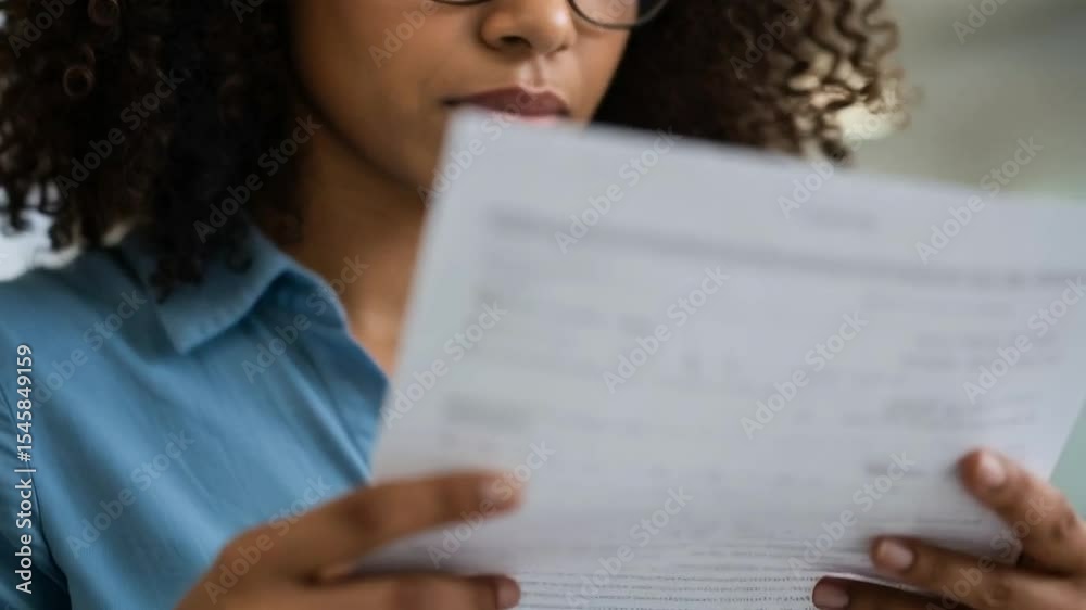 A young businesswoman with curly hair and glasses is seriously reviewing a document at her office desk