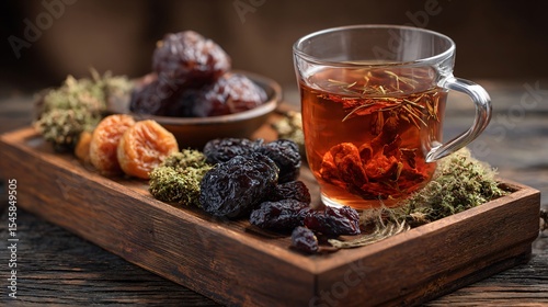 A rustic setup: dried plums, fig pieces, and rooibos tea in clear cup, wooden tray background