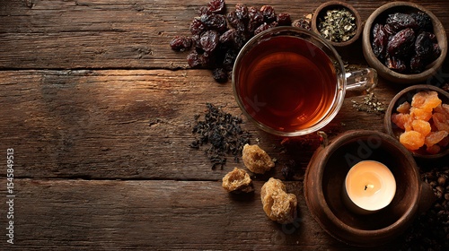 A rustic layout with tea, dried fruit, calming tea light, and polished wood backdrop