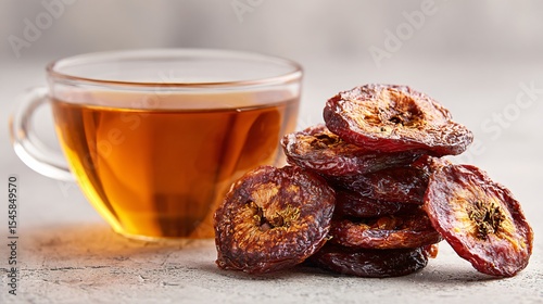 A soft morning light on dried plum slices and rooibos tea, neutral background with space above