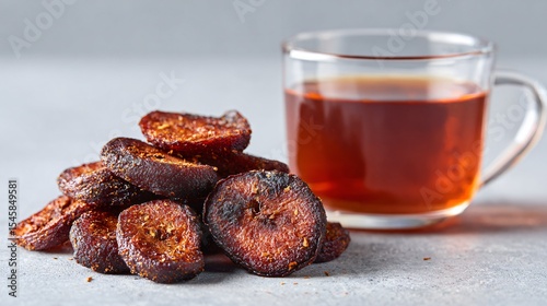 A soft morning light on dried plum slices and rooibos tea, neutral background with space above