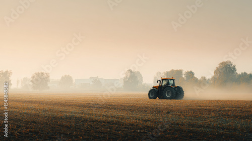Farmer is joyfully riding an autonomous tractor across field