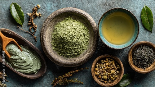 A spa flat lay with herbal tea, dried herbs, clay mask bowl, and soft muted background