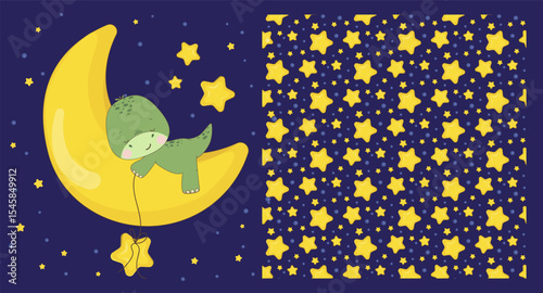 Baby pattern with cute dinosaur sleeping on the moon, baby shower greeting card. Seamless animal background, cute vector texture for baby bedding, fabric, wallpaper, wrapping paper, textile, t-shirt p