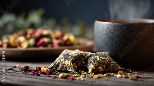 A tea sachets with dried herbs and fruit next to ceramic cup, modern soft light