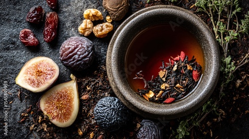 A top view of rooibos tea in ceramic bowl, surrounded by dried cherries and figs, copy space on side