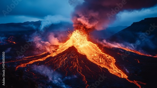 A breathtaking view of a majestic volcano erupting under a dramatic sky. The lava flows and smoke create a powerful scene that captivates the viewer. Generative AI
