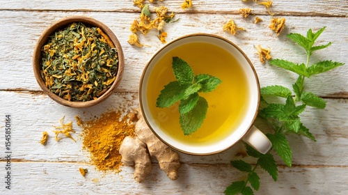A top-down scene of lemon balm tea with dried ginger and turmeric on ivory wood