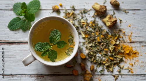 A top-down scene of lemon balm tea with dried ginger and turmeric on ivory wood