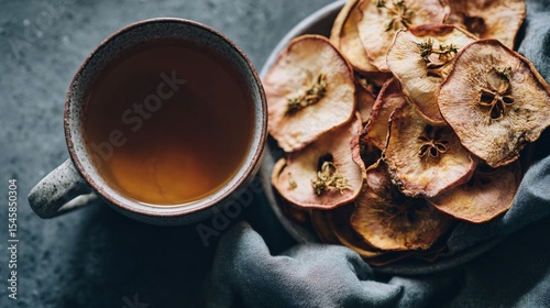 A top-down view of dried peach slices and herbal tea in stoneware cup, copy space at bottom
