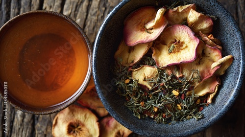 A top-down view of dried peach slices and herbal tea in stoneware cup, copy space at bottom
