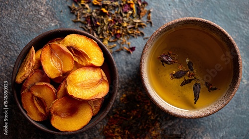 A top-down view of dried peach slices and herbal tea in stoneware cup, copy space at bottom
