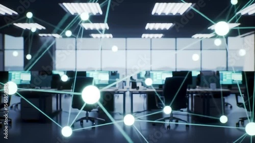 Busy modern office with people working and walking