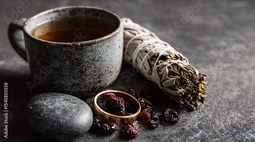 A tranquil layout: dried cherry tea, acupressure ring, and sage smudge stick