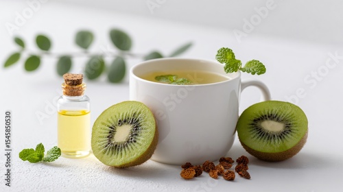 A white mug of mint tea, dried kiwi slices, facial oil, and clean white background
