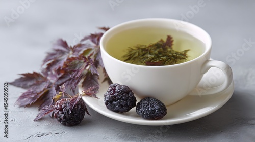 A white teacup with raspberry leaf tea and dried plum slices, modern minimal setting
