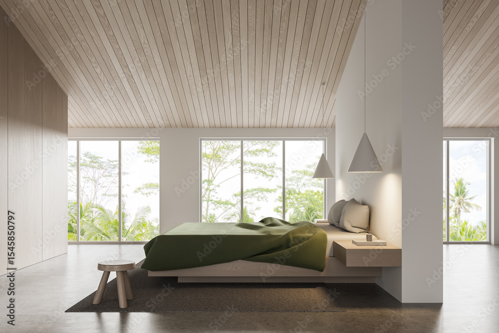 Fototapeta premium Modern minimalist bedroom interior with green bedspread and large windows showing tropical view in natural-toned architecture. 3D Rendering