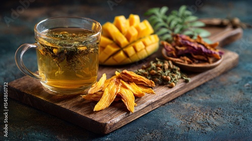 A wooden board with herbal tea in glass and dried mango slices, side copy space
