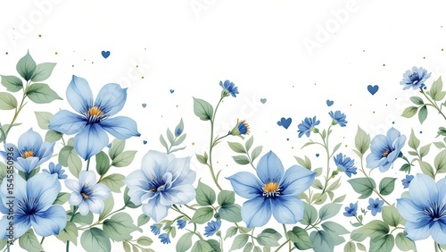 Watercolor Blue Flower and Leaf Background for Invitations and Cards