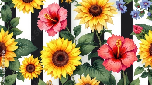 Floral Design with Sunflower and Hibiscus Blossom and Stripe Background