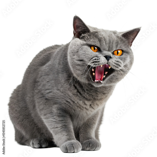 Angry British Shorthair: A captivating view of a furious British Shorthair cat, poised in a moment of intense anger, mouth agape.