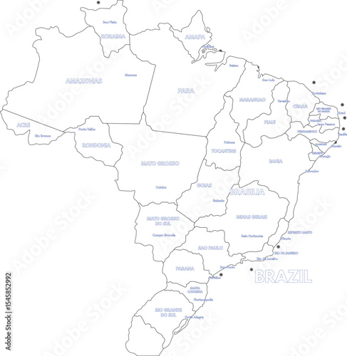 Labeled Map of Brazil with States and Capital Cities Vector Outline