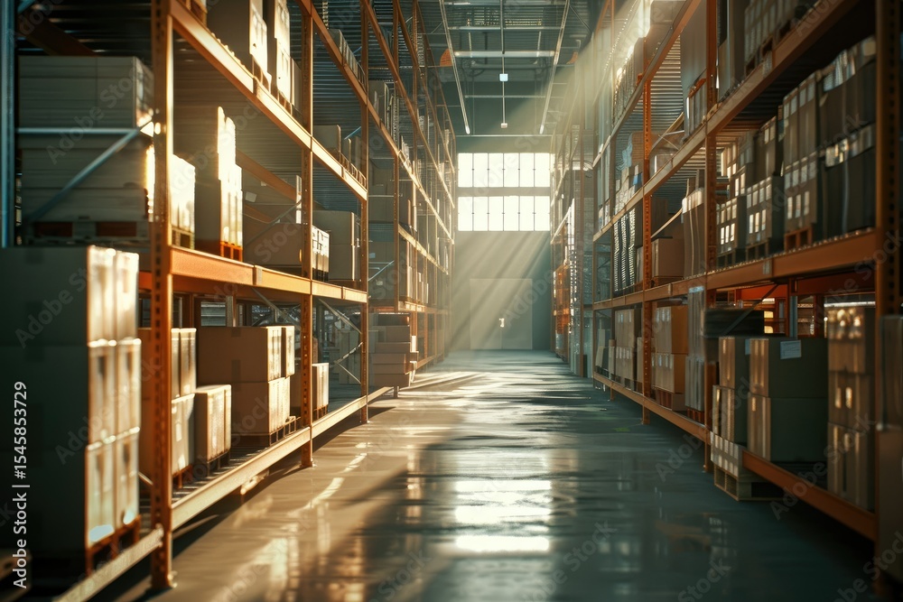 Ultra Hd Image of Sunlit Warehouse Aisle with Neatly Stacked Packages Ultra Hd Image of Sunlit Warehouse Aisle with Neatly Stacked Packages