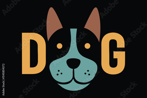 Creative geometric dog face illustration featuring bold colors and simple typography on black background