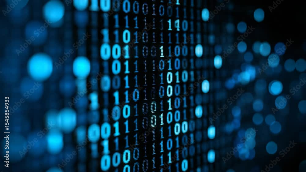cybernetic world neon blue light with binary number light trail glowing in dark, futuristic modern abstract background	
