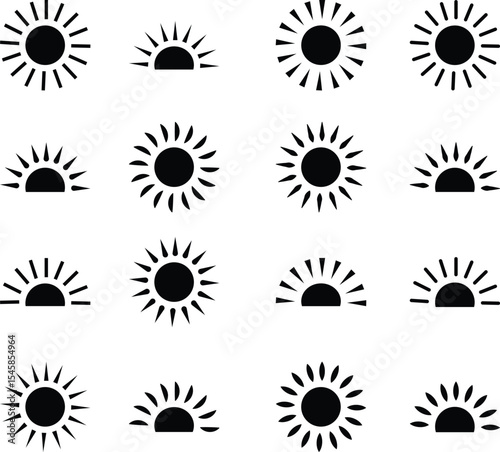 Sun icon set, sunshine and solar glow sunrise or sunset. Decorative circle full and half sun and sunlight. Hot solar energy for tan. Vector sun light sign collection isolated on transparent background