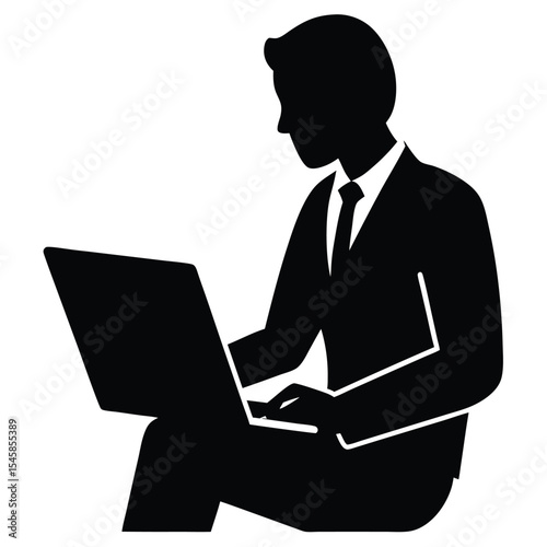 Entrepreneur working on laptop with icons of productivity and strategy