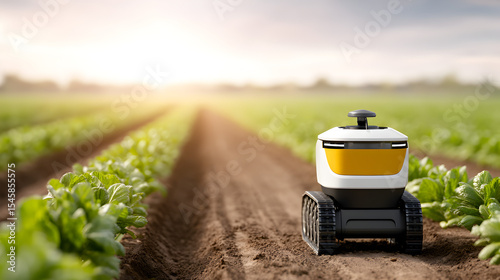 Agricultural Automation: A futuristic agricultural robot navigates a cultivated field, revolutionizing farming with its advanced technology and sustainable practices.