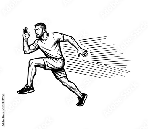 Man running fast with motion line art drawing in black and white, full body with energetic pose
