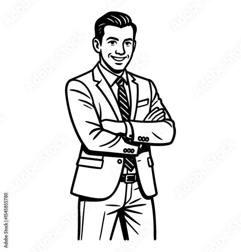 Businessman with Arms Crossed Smiling and Looking at Viewer in Black and White Illustration