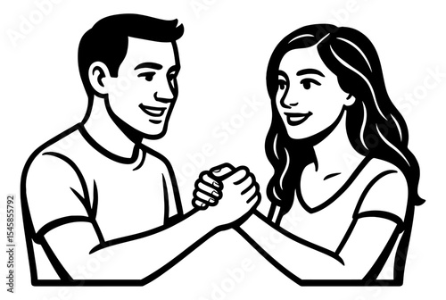 Illustration of a Happy Couple Holding Hands and Smiling in Black and White Line Art Style