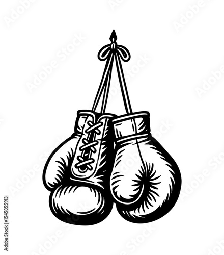 Pair of Boxing Gloves Hanging in Black and White Engraved Vector Illustration Style