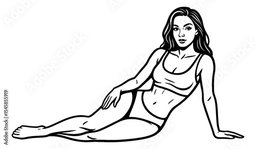 Illustration of a beautiful woman posing in a bikini lying down pinup in black and white