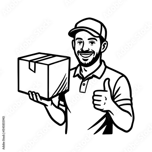 Smiling Delivery Man with Beard Holding Box and Giving Thumbs Up in Black and White Line Art
