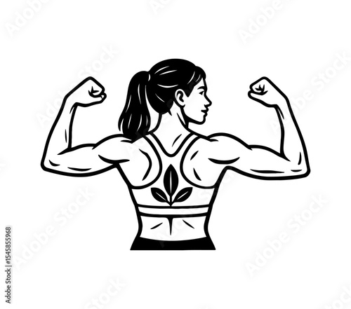 Woman with Muscular Build Flexing Biceps in Black and White Vector Illustration Style